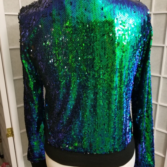 Iridescent peacock green sequined jacket sz 8 - Picture 8 of 8